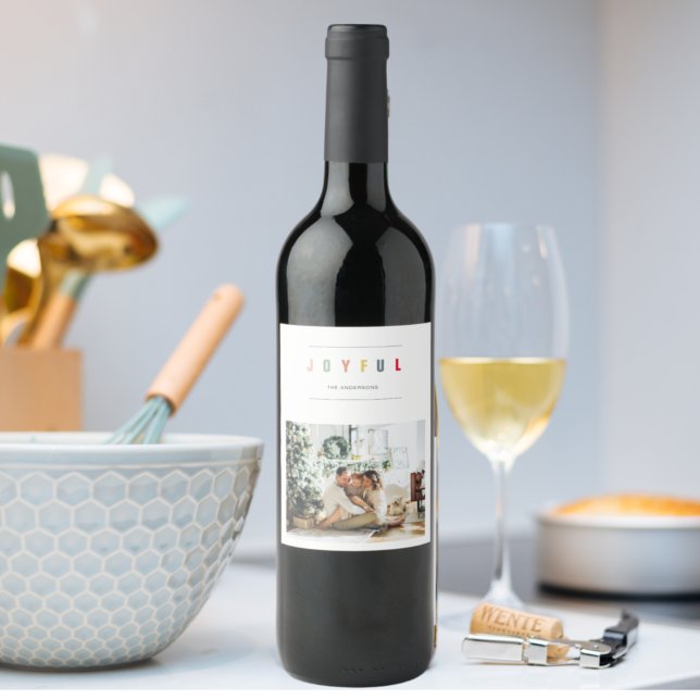 Simple Modern Christmas Photo | Joyful Holiday Wine Label (Creator Uploaded)