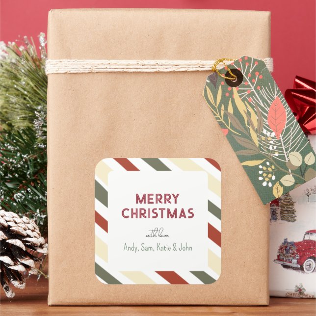 Simple Modern Christmas Stripes Family Gift Square Sticker (Holiday)