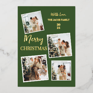 Simple modern Christmas Tree Family 4 Photo Foil Holiday Card