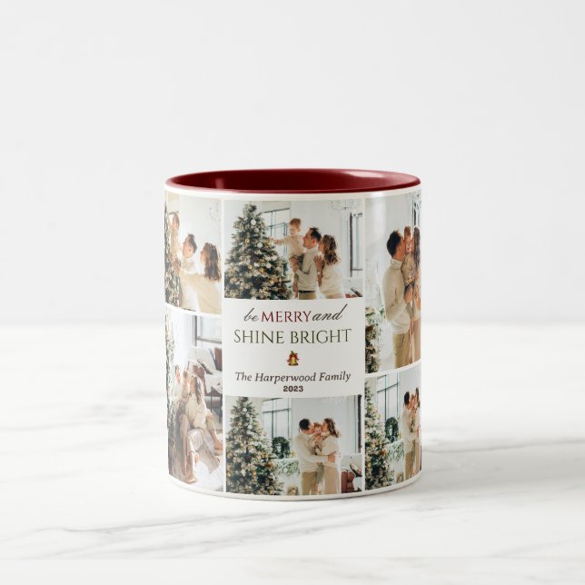 Simple modern Christmas Tree Family Photo Collage Two-Tone Coffee Mug (Center)