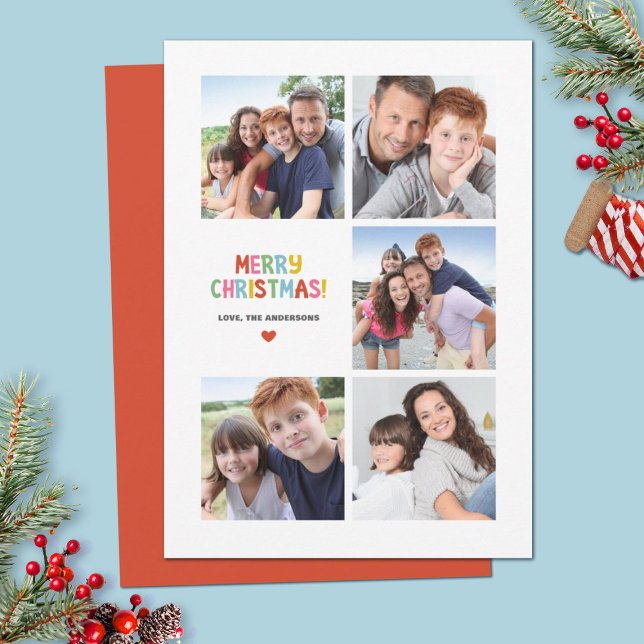 Simple Modern Colourful Christmas Photo Holiday Card (A fun 5 photo simple modern Colorful Christmas card. Personalize it with your photos and name.)