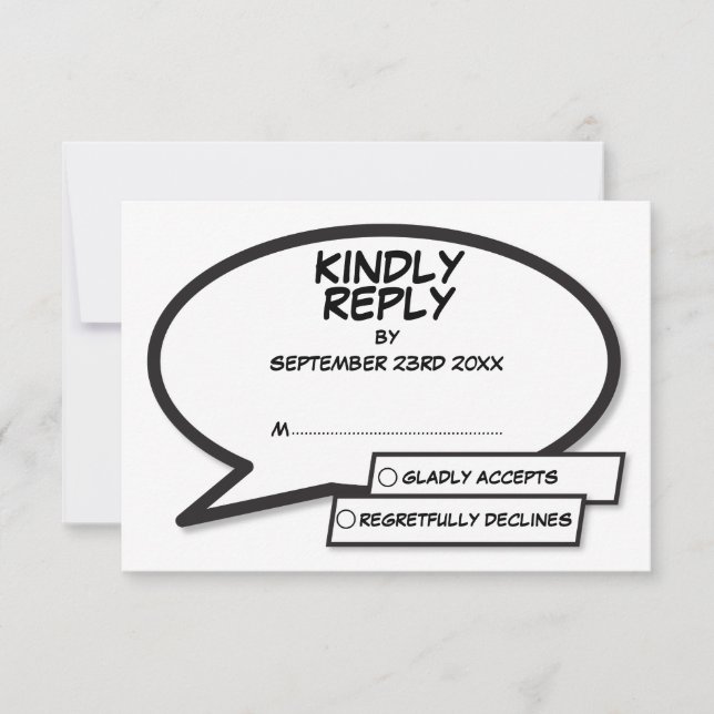 Simple Modern Comic Book Black and White Wedding RSVP Card (Front)