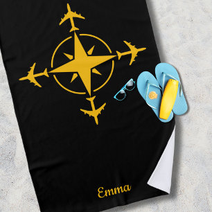 Simple Modern Compass and Aeroplane, Travel Custom Beach Towel