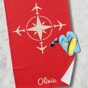 Simple Modern Compass and Aeroplane Travel Custom Beach Towel