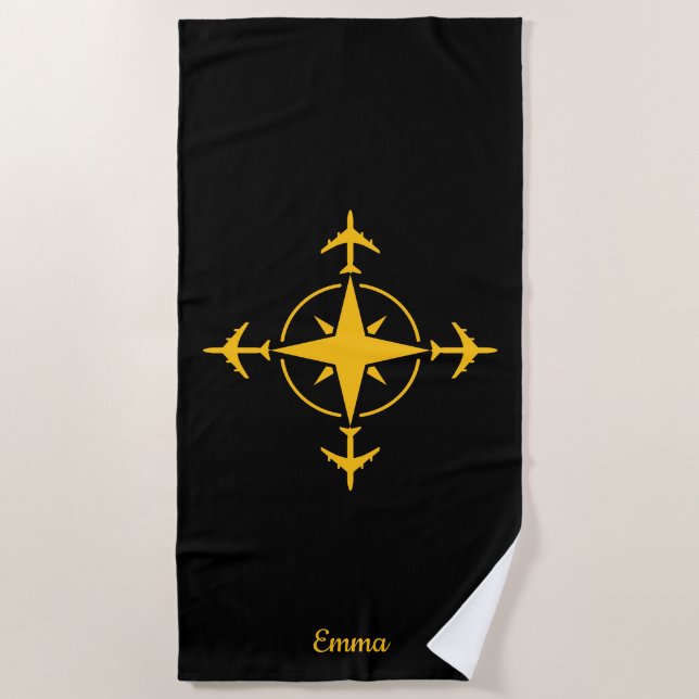 Simple Modern Compass and Aeroplane, Travel Custom Beach Towel (Front)