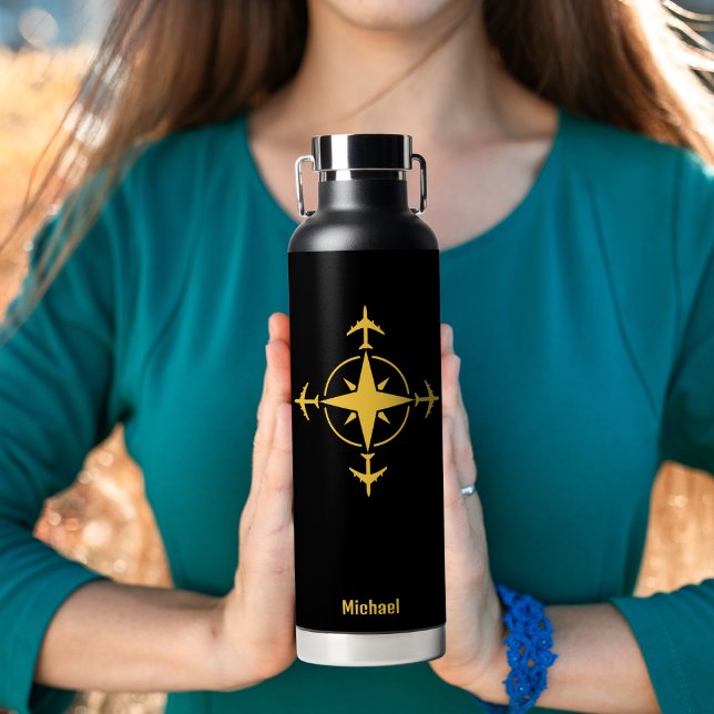 Simple Modern Compass and Aeroplane, Travel Custom Water Bottle (Creator Uploaded)