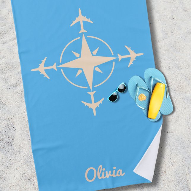 Simple Modern Compass and Airplane Travel Custom Beach Towel (Creator Uploaded)