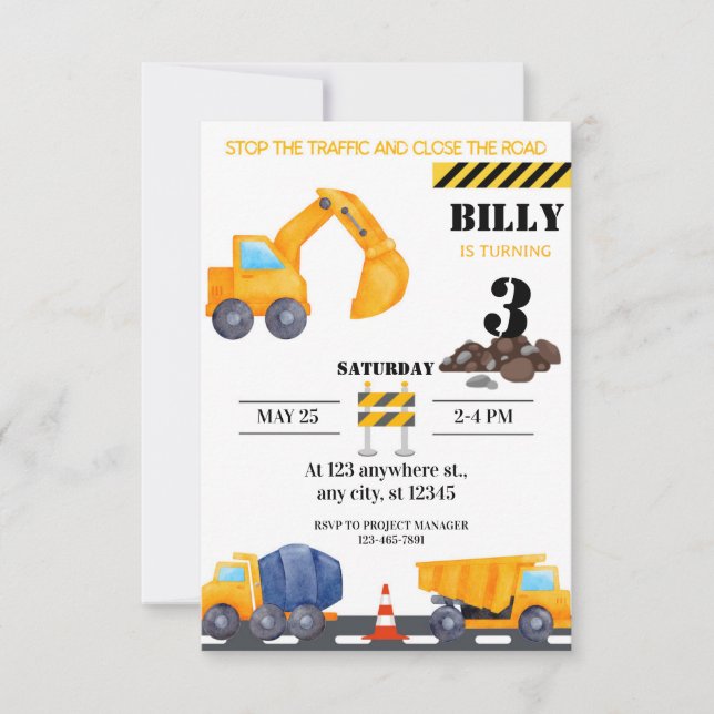 Simple Modern Construction Birthday Invitation (Front)