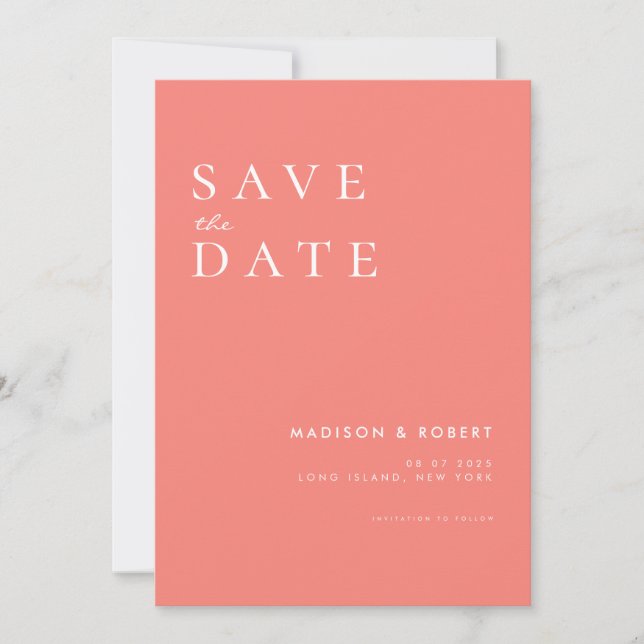 Simple Modern Coral Pink Wedding Save the Date (Front)