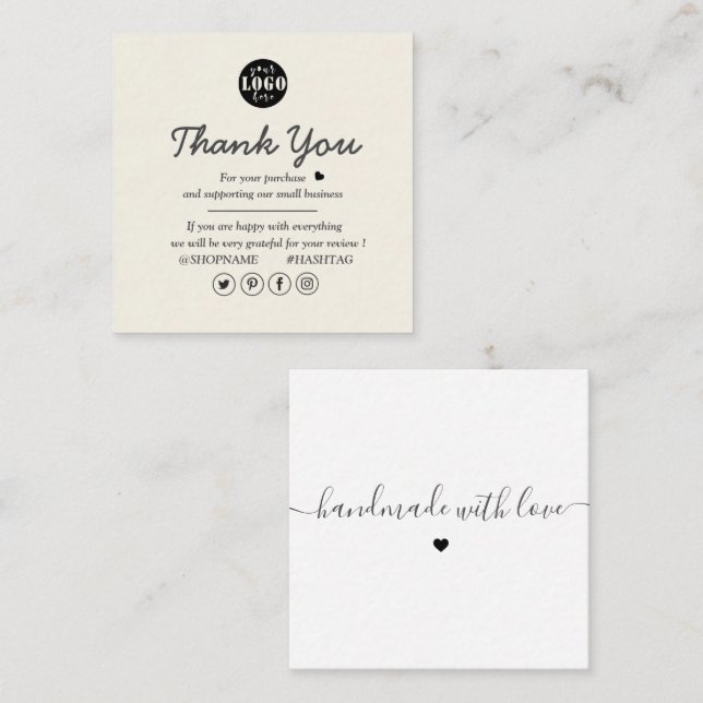 Simple Modern Cream and White Thank You  Square Business Card (Front/Back)