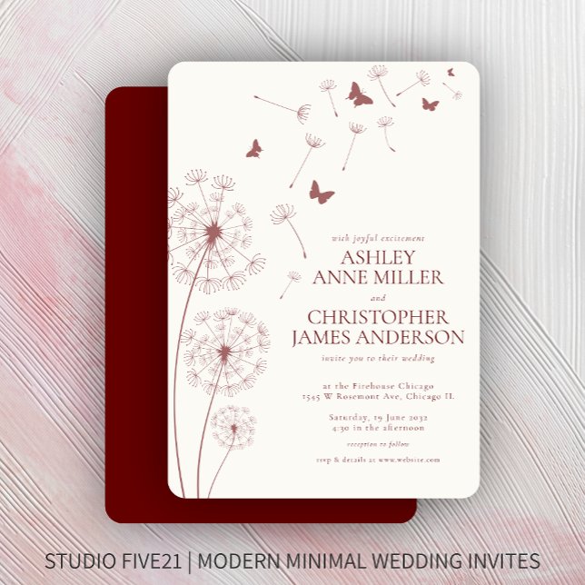 Simple Modern Crimson Red Dandelion Wedding Invitation (Creator Uploaded)