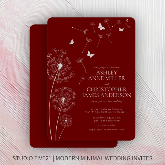Simple Modern Crimson Red Dandelion Wedding Invitation (Creator Uploaded)