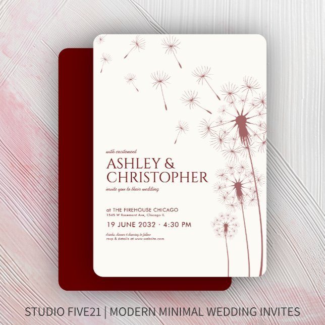 Simple Modern Crimson Red Dandelion Wedding Invitation (Creator Uploaded)