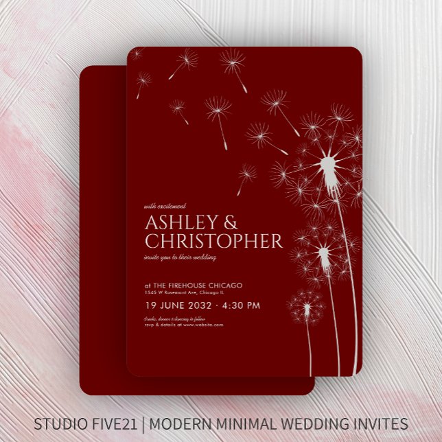 Simple Modern Crimson Red Dandelion Wedding Invitation (Creator Uploaded)