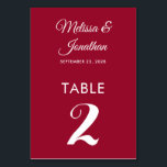 Simple modern crimson red elegant wedding table number<br><div class="desc">Simple and elegant minimalist wedding table number card featuring a stylish white script over a crimson red background. Easily customisable with the bride and groom's names, the wedding date, and the table number. For further personalisation or custom orders, feel free to contact me at acherryonthecake@hotmail.com (please allow 1-2 working days)....</div>