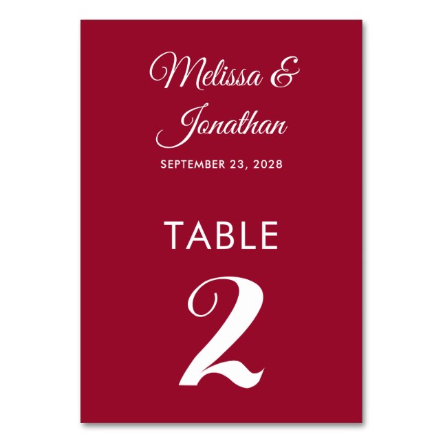 Simple modern crimson red elegant wedding table number (Front)