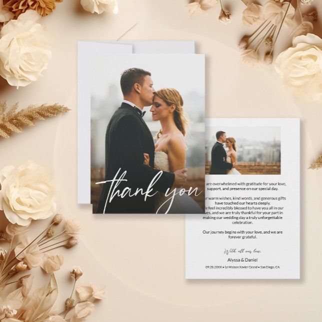 Simple Modern Custom 2 Wedding Photos  Thank You Card (Modern handlettering thank you typography overlay 2 wedding photos personalized message card.)