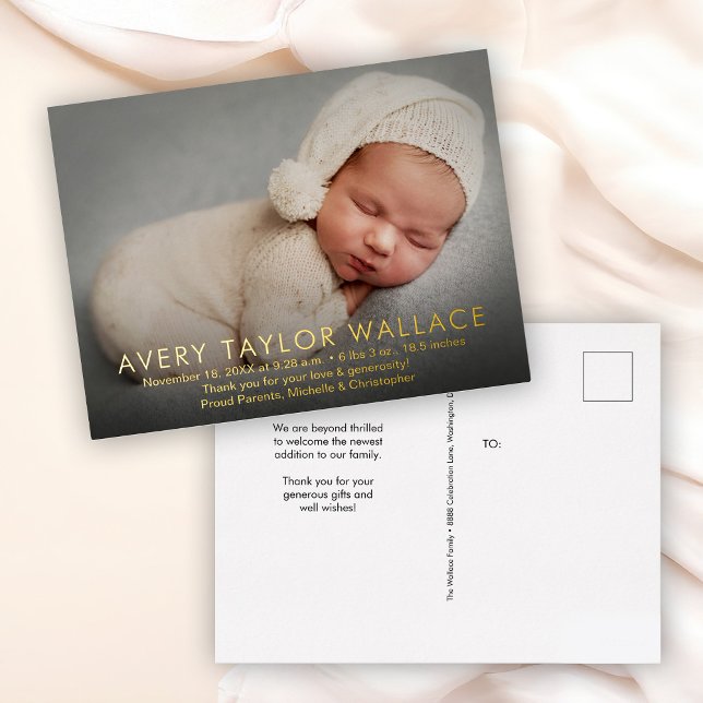Simple Modern Custom Baby Shower Photo thank you Foil Invitation Postcard (Birth stats baby photo birth announcement thank you postcards)