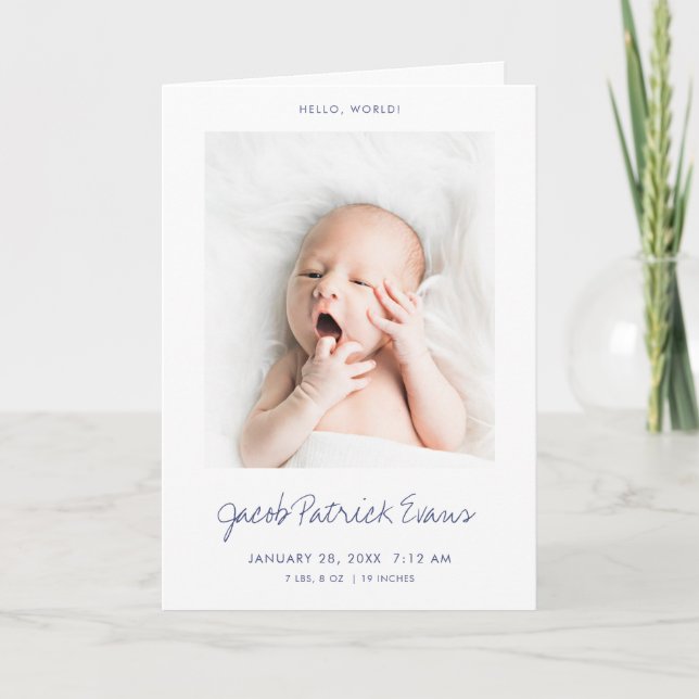 Simple Modern Custom Blue Script Boy or Girl Birth Announcement (Front)