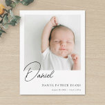 Simple Modern Custom Boy or Girl Photo Birth  Announcement<br><div class="desc">On the front, this simple, stylish modern photo birth announcement template features your baby's name with details beneath your photo along with your baby's first name in a warm, expressive handwriting script that partially overlaps with the photo. The default colour for the text on both sides is black. We've included...</div>