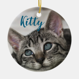 Simple Modern Custom Cat Name and Photo Ceramic Ornament