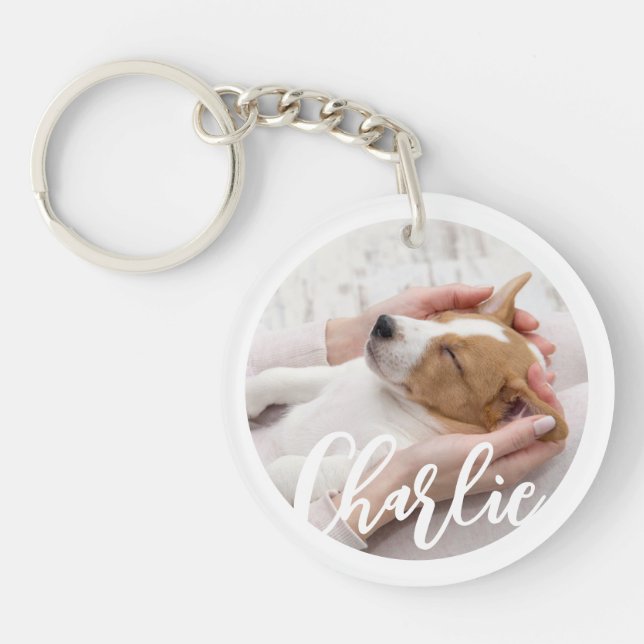 Simple Modern Custom Dog Name 2 Photo Acrylic Key Ring (Front)