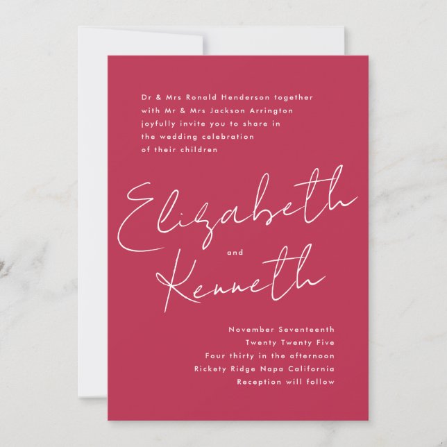 Simple Modern Custom Names Red Magenta Invitation (Front)