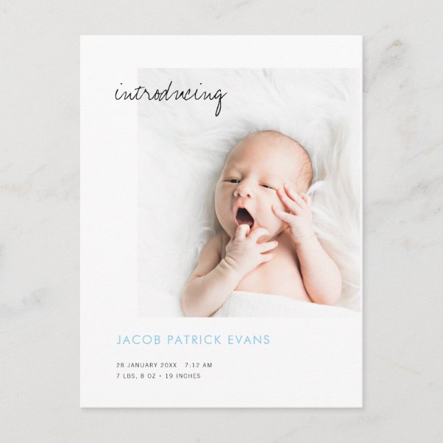 Simple Modern Custom Photo Blue New Baby Boy Birth Announcement Postcard (Front)
