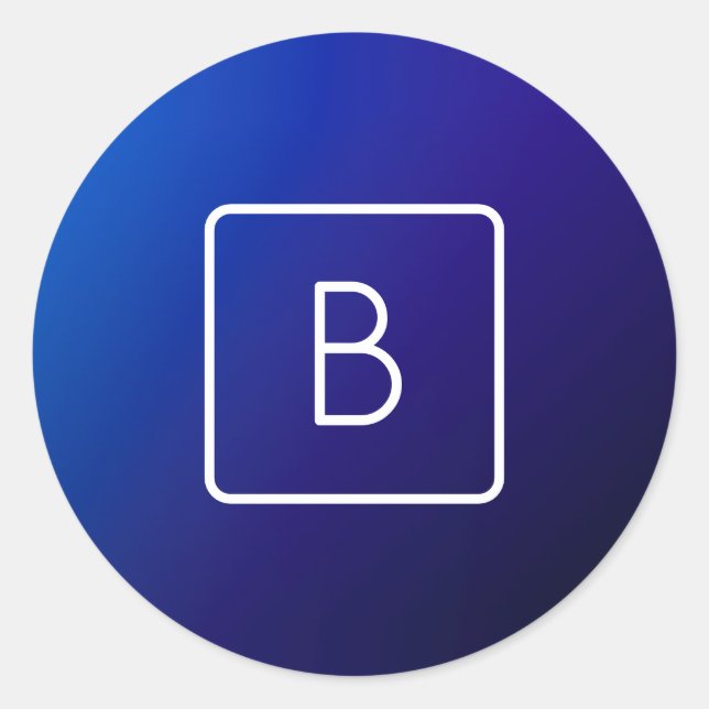 Simple Modern Dark Blue Ombre Gradient & Monogram Classic Round Sticker (Front)