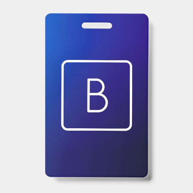 Simple Modern Dark Blue Ombre Gradient & Monogram ID Badge (Front)