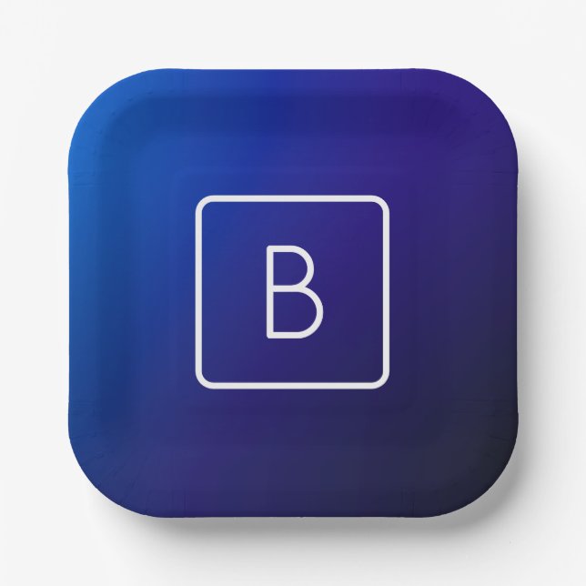 Simple Modern Dark Blue Ombre Gradient & Monogram Paper Plate (Front)