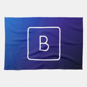 Simple Modern Dark Blue Ombre Gradient & Monogram Tea Towel