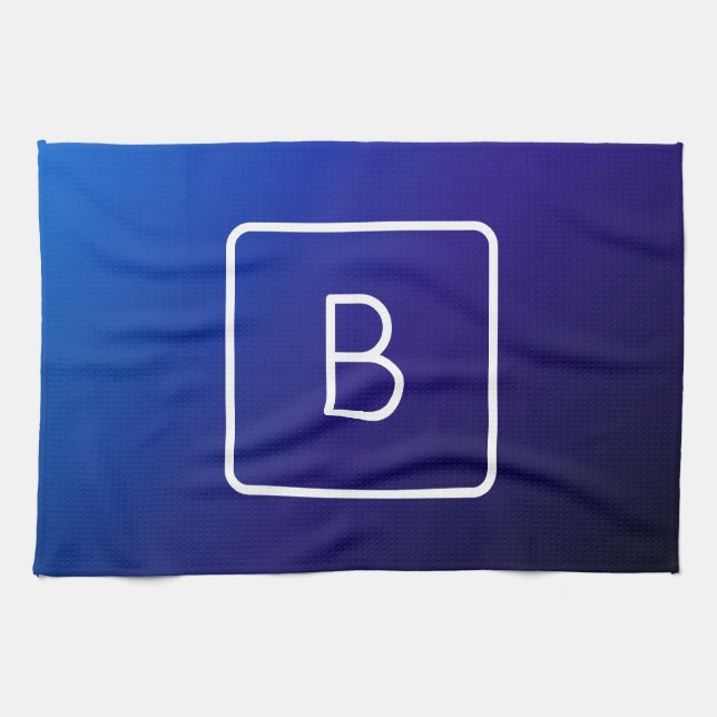 Simple Modern Dark Blue Ombre Gradient & Monogram Tea Towel (Horizontal)