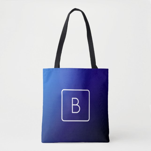 Simple Modern Dark Blue Ombre Gradient & Monogram Tote Bag (Front)