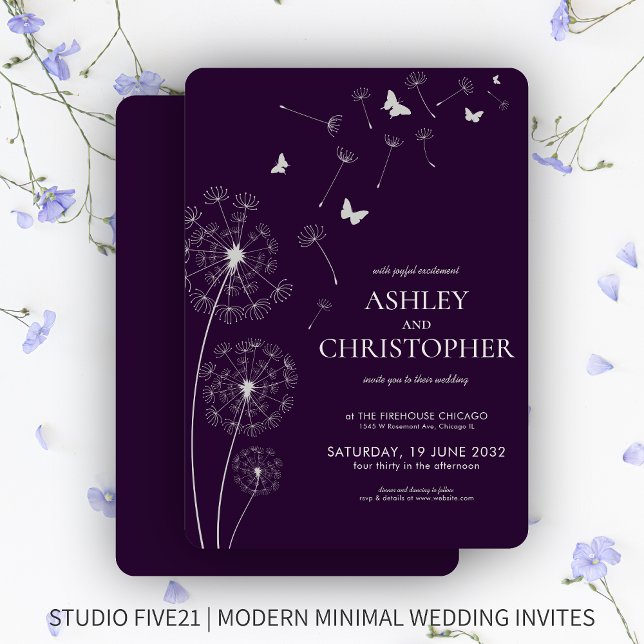 Simple Modern Dark Purple Dandelion Wedding Invitation (Creator Uploaded)