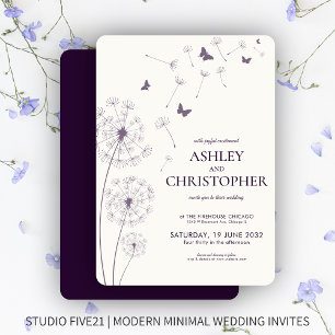 Simple Modern Dark Purple Dandelion Wedding Invitation