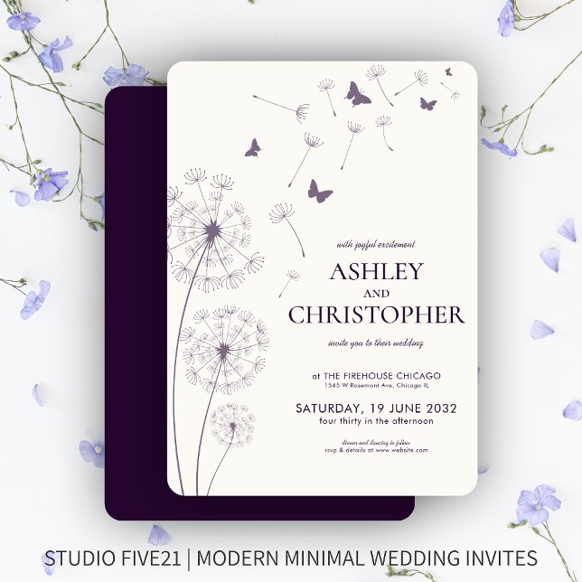 Simple Modern Dark Purple Dandelion Wedding Invitation (Creator Uploaded)