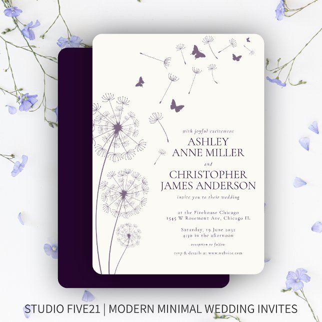 Simple Modern Dark Purple Dandelion Wedding Invitation (Creator Uploaded)