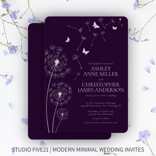 Simple Modern Dark Purple Dandelion Wedding Invitation (Creator Uploaded)