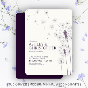 Simple Modern Dark Purple Dandelion Wedding Invitation
