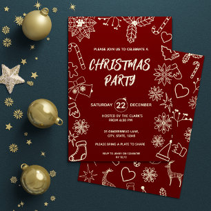 Simple Modern Dark Red and Gold Elegant Xmas Party Invitation