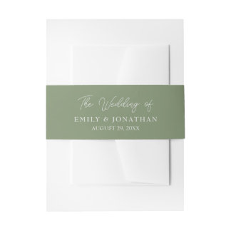 Simple Modern Dark Sage Green Gold White Wedding Invitation Belly Band