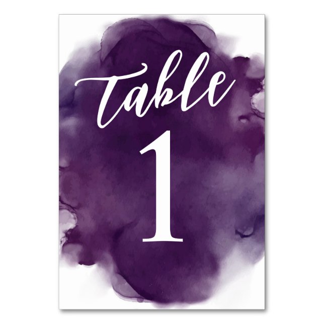 Simple Modern Deep Plum Purple Watercolor Table Number (Front)