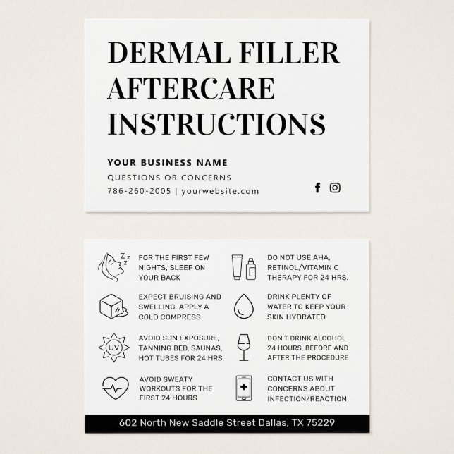 Simple Modern  Dermal Filler Aftercare Advice Card (Front & Back)