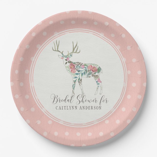 Simple Modern Dot Pattern Floral Rose Deer Antlers Paper Plate (Front)