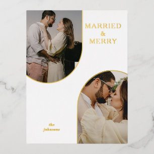 Simple Modern Double Arch Two Photo Foil Holiday Postcard