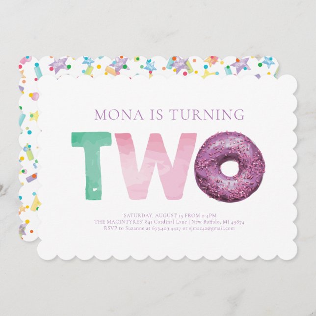 Simple Modern Doughnut Second Birthday Invitation (Front/Back)
