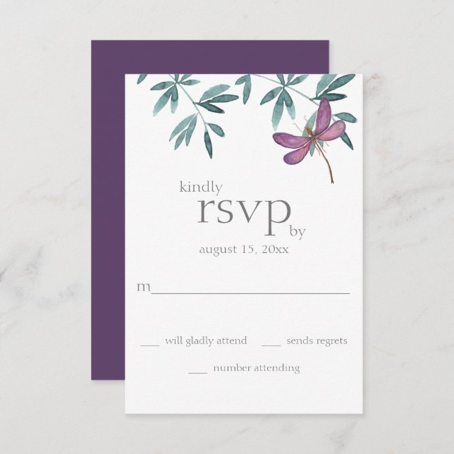 Simple Modern Dragonfly Garden Greenery Wedding RSVP Card (Front/Back)