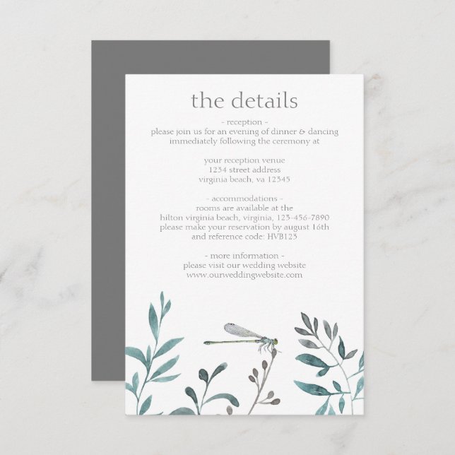 Simple Modern Dragonfly Greenery Wedding Details Enclosure Card (Front/Back)