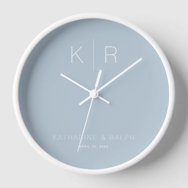 Simple Modern Dusty Blue Monogram Wedding Clock (Front)